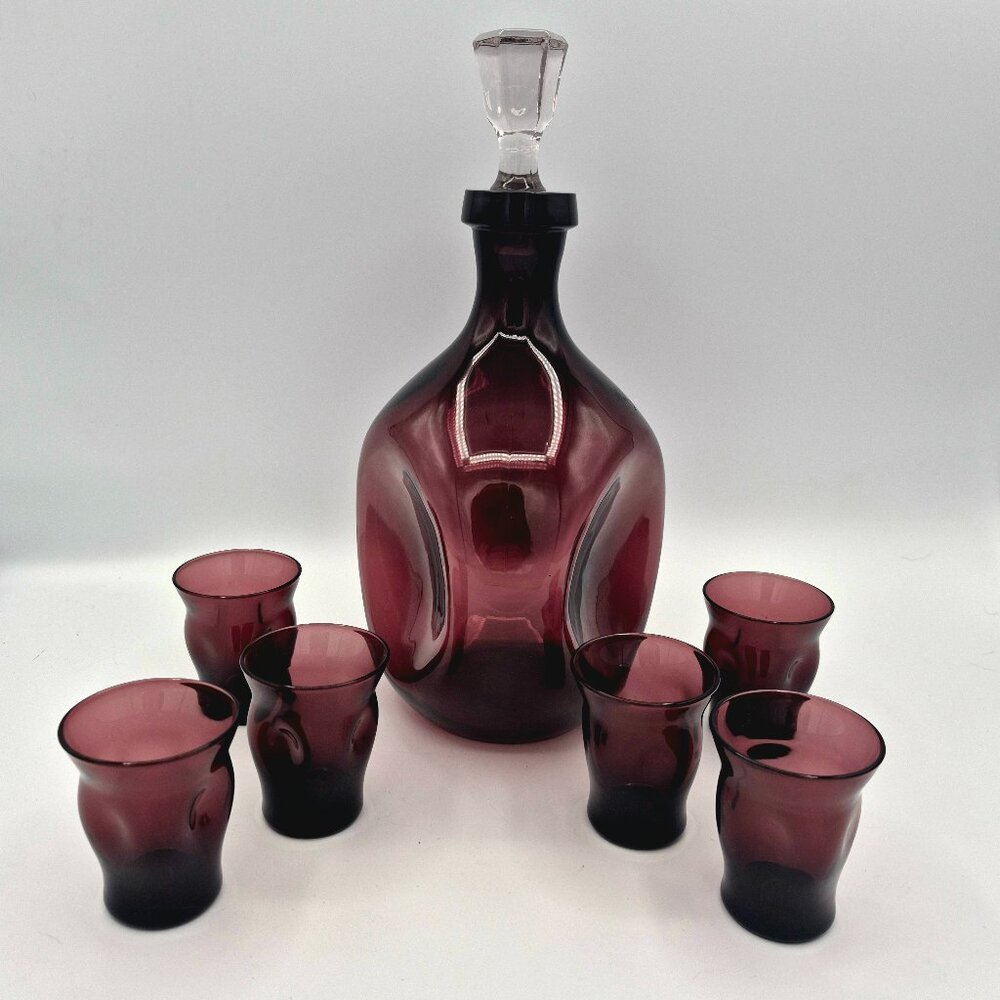 Cambridge Amethyst Pinch Decanter Cordial Set With Stopper And 6  Glasses #1070